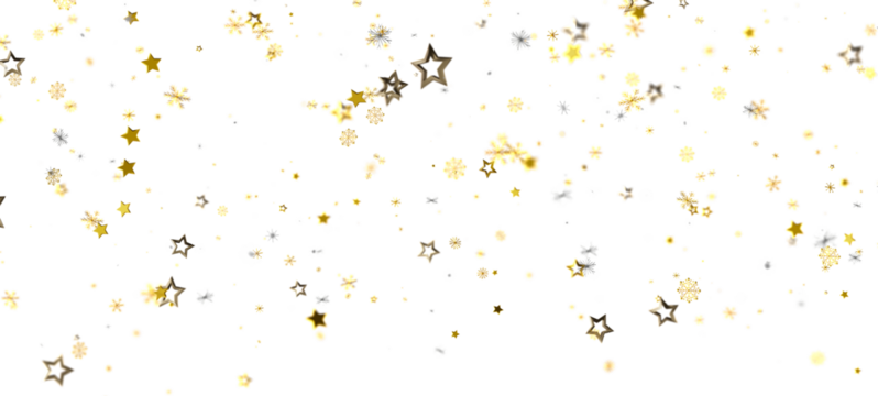 Beautiful background of golden stars and snowflakes floating against a bright white backdrop. Perfect for celebrations and holiday designs. Add