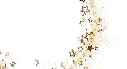 Decorative golden star confetti on a bright white backdrop, perfect for events and celebrations. Ideal for festive designs or holiday themed pro