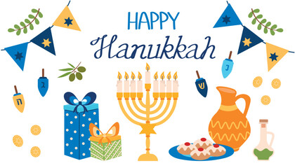 Happy Hanukkah. Vector illustration of a colorful banner with traditional Jewish holiday items.
