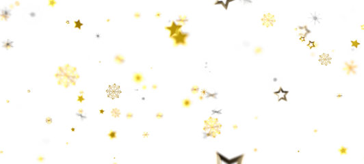 Abstract background of falling golden stars and snowflakes on a white backdrop. Ideal for festive designs, holiday greetings, and seasonal proje