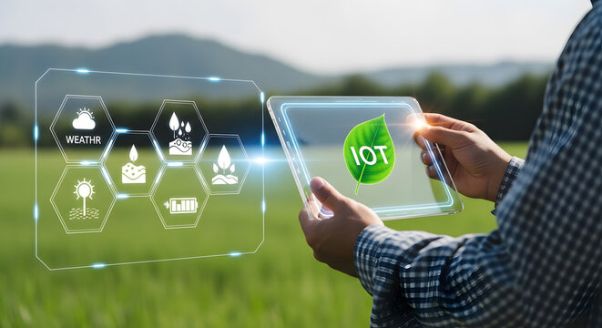 Farmer using tablet with iot technology for smart agriculture in a green field