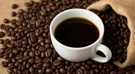 Fresh Brewed Coffee in White Cup Surrounded by Roasted Coffee Beans