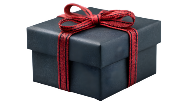 Elegant matte black present with red cord symbolizing luxury holiday gifting isolated on white background