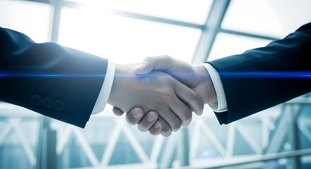 Two businessmen shaking hands in a modern office building