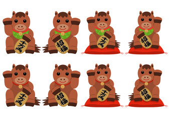 茶色い招き午のイラストのセット
