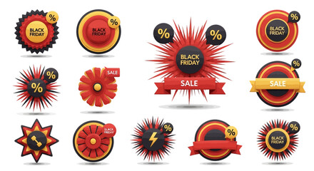 3D Black Friday Sale Badges Collection in Red, Black and Yellow – Discount and Promotion Labels Set