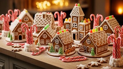 Gingerbread house village candy canes lollipops decorations rustic wooden table festive Christmas holiday homemade baking sweet treats traditional cozy atmosphere bokeh background
- Powered by Adobe