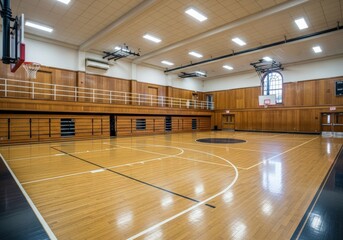 Empty basketball court with wooden floor and classic architecture