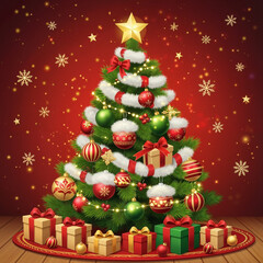 Christmas tree decorated with ornaments and gifts on red background  