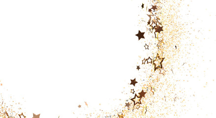 Elegant golden stars, confetti and sparkles falling on a white backdrop, creating a festive atmosphere, perfect for invitations and celebratory
