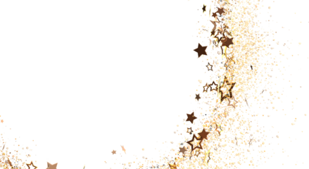 Elegant golden stars, confetti and sparkles falling on a white backdrop, creating a festive atmosphere, perfect for invitations and celebratory