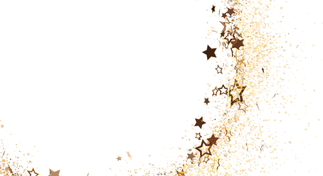 Elegant golden stars, confetti and sparkles falling on a white backdrop, creating a festive atmosphere, perfect for invitations and celebratory