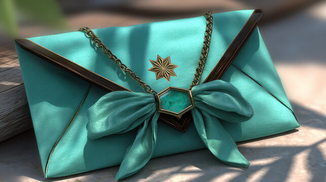Elegant turquoise clutch bag features stylish bow and intricate gold detailing, perfect for evening events and special occasions