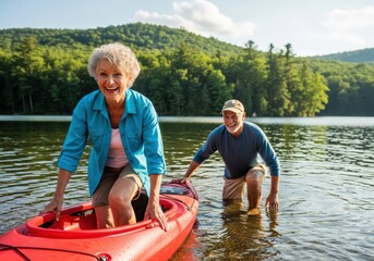 Happy senior couple enjoying a day of kayaking on a beautiful lake