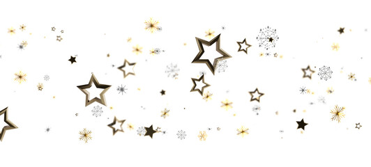 Decorative illustration of gold stars and snowflakes, perfect for holiday designs, events, and festive celebration.  Ideal for backgrounds, webs