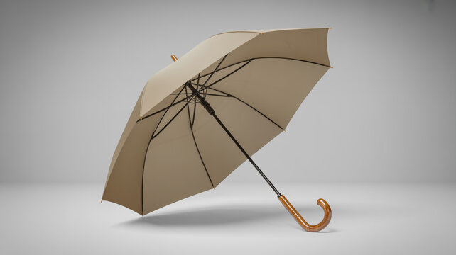 A beige umbrella with a wooden handle rests on a white surface with a gray background