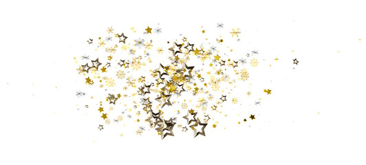 Glittering gold star shapes against white background create a festive atmosphere. Perfect for celebration, holidays, party, New Year and Christm