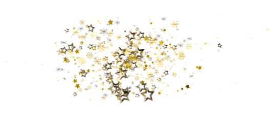 Glittering gold star shapes against white background create a festive atmosphere. Perfect for celebration, holidays, party, New Year and Christm