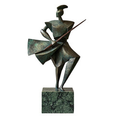 Geometric bronze figure wielding long object, on green marble base