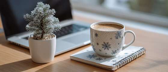 Festive workspace setup: laptop, coffee cup, notebook with snowflake doodle, small potted pine on desk, natural light, professional remote work Christmas mood