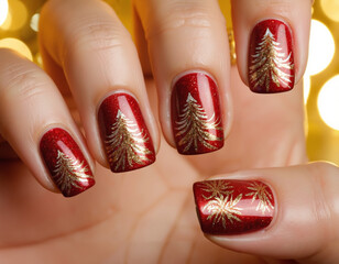 Elegant red nail polish with gold tree design for festive season