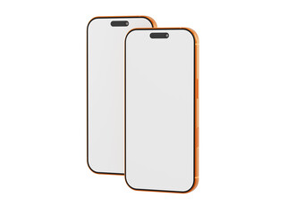 Two stylish smartphones with blank displays, ideal for showcasing app interfaces or design concepts. Isolated o