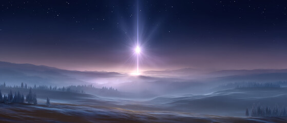 Fototapeta premium Ethereal scene of the Star of Bethlehem shining over a quiet landscape, soft rays of light, abstract hills and trees, symbolic and meditative Christmas image