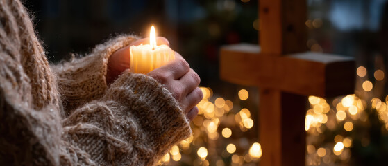 Realistic close-up of hands lighting a candle before a wooden cross on Christmas Eve, warm firelight, shallow depth of field, intimate devotional mood