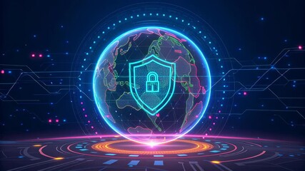 Digital sovereignty globe cyber shield padlock security network neon hologram glowing globe with shield lock symbol representing online protection data control and global data protection neon cyber - Powered by Adobe