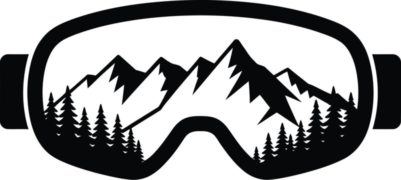 A striking black and white vector illustration of ski goggles reflecting a majestic mountain range and a dense pine forest, symbolizing winter sports and adventure