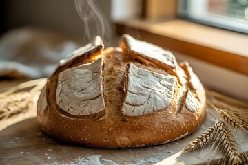 Freshly baked sourdough bread loaf on a wooden board with wheat ears