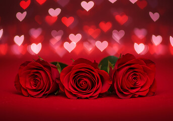 Romantic Red Roses with Heart Bokeh Background – Valentine’s Day or Wedding Love Theme