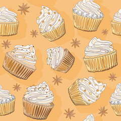 Cute vanilla cup cake and star anise doodle lines seamless pattern on cream background