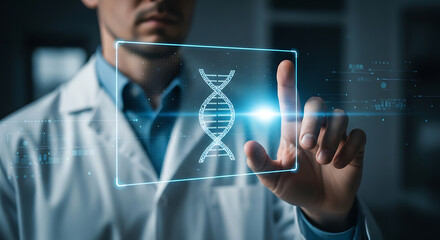 Scientist in lab coat touches a digital screen displaying a dna double helix symbol.