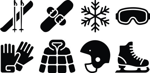 Naklejka premium Winter Sports Icons Skiing, Snowboarding, Skating, and Gear Collection