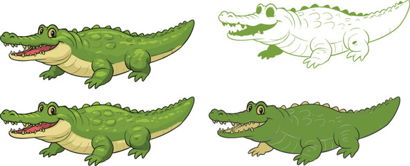 Four cartoon crocodiles illustration, colored and outline versions, playful reptile character design for children’s books, coloring pages, educational 