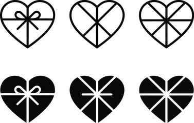 A graphic set of six heart icons, arranged in two rows, featuring variations from a gift-wrapped design to intricate geometric divisions in both outline and solid forms