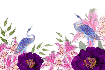 Traditional Blooming blossom peacock asian eastern mughal Wall chinoiseries  Illustration, japan garden