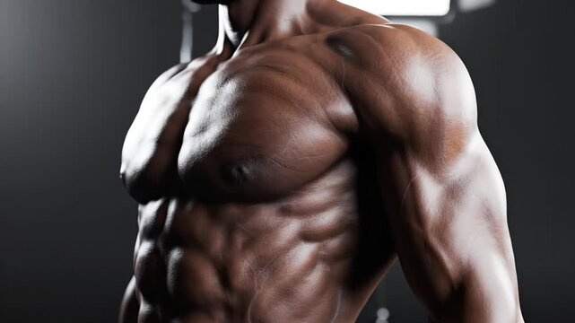 Cinematic Slow Motion Anatomy of Muscular Human Torso with Detailed Pectoral Muscles and Abs Dramatic Lighting Dark Background
