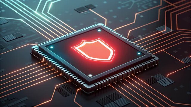 Digital security chip glowing with red shield circuit board conveying data protection and digital sovereignty modern technology concept vdo with dramatic lighting and focused depth secure microchip