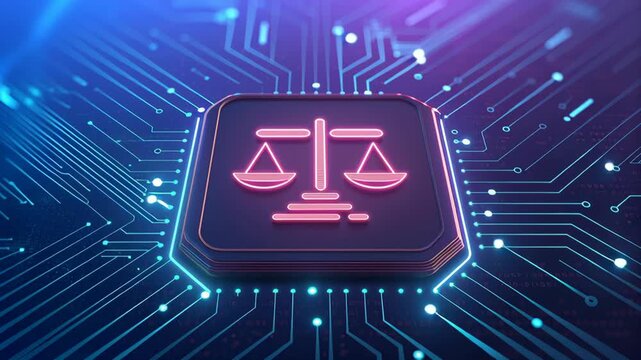 Digital sovereignty glowing neon justice scale on circuit board microchip technology law, glowing chip and board with justice scale, futuristic neon glowing technology circuit and legal governance