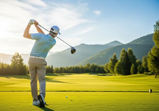 Golfer teeing off on a beautiful golf course with mountains in the background