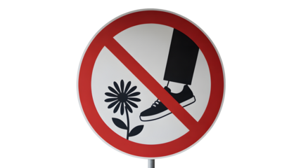 Clear prohibition sign warning against stepping on flowers, essential for public spaces, parks, and gardens, ensuring respect for nature.