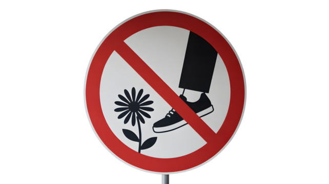 Clear prohibition sign warning against stepping on flowers, essential for public spaces, parks, and gardens, ensuring respect for nature.
