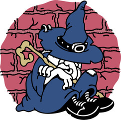 Cool retro cartoon wizard sitting against brick wall — vintage comic style character design with magic wand and old-school textured illustration