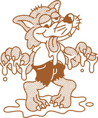 Funny retro cartoon dog melting and dripping slime in vintage halftone comic style — quirky character design with old-school print texture and bold line art