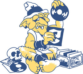 Cool goblin DJ sorting vinyl records in a retro cartoon illustration with vintage blue and yellow tones perfect for music lovers, streetwear, and nostalgic pop culture designs