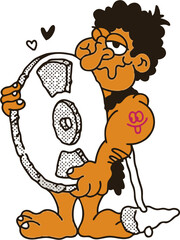 Funny caveman cartoon character holding a giant stone wheel with a heart symbol in a retro vintage illustration style perfect for apparel prints and quirky graphic design