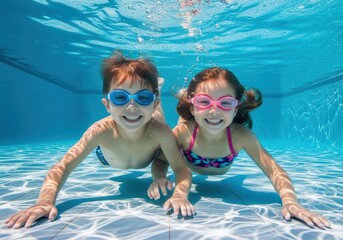 Naklejka premium Happy children swimming underwater in a clear blue swimming pool