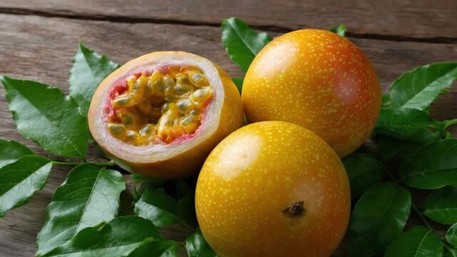 A visually appealing close-up shot showcases vibrant yellow tropical fruits, with one fruit artfully cut in half to reveal its luscious, seed-filled golden pulp. Lush green leaves are delicately inter